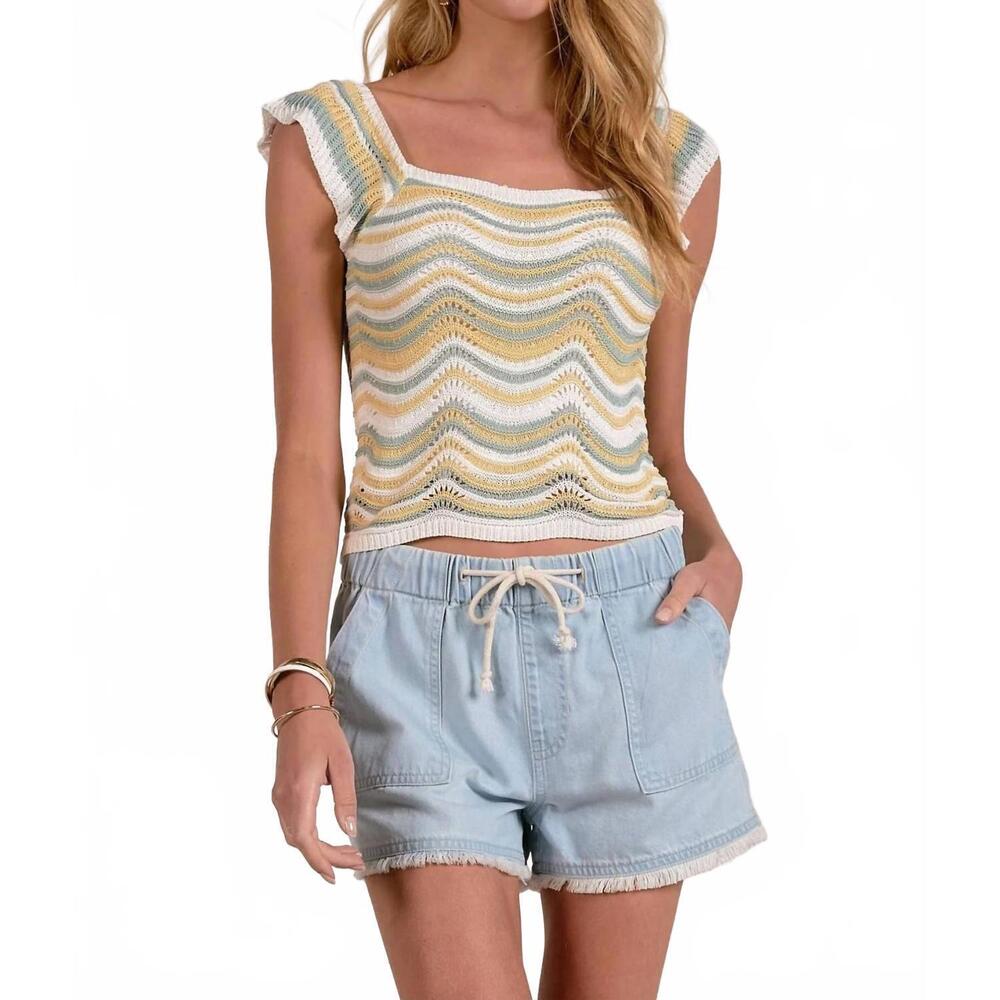 NEW ELAN ruffle knit sleeve tank in white multi